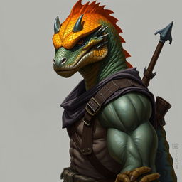 A half-body art portrait of an Argonian with a vivid yellow-orange colored head, depicting realistic scales and a determined gaze