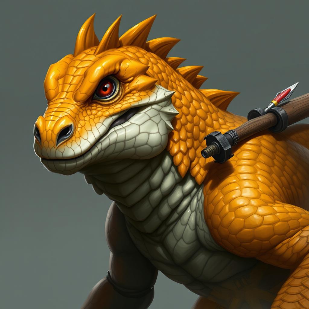 A half-body art portrait of an Argonian, featuring a striking yellow-orange colored head with detailed scales and confident, intelligent eyes