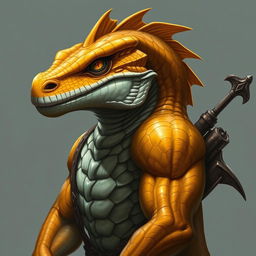 A half-body art portrait of an Argonian, featuring a striking yellow-orange colored head with detailed scales and confident, intelligent eyes