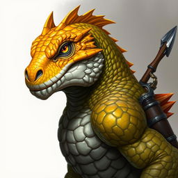 A half-body art portrait of an Argonian, featuring a striking yellow-orange colored head with detailed scales and confident, intelligent eyes