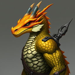 A half-body art portrait of a Dragonborn from D&D, featuring a vibrant yellow-orange colored head with intricate, realistic scales