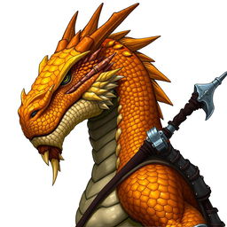 A half-body art portrait of a Dragonborn from D&D, featuring a vibrant yellow-orange colored head with intricate, realistic scales