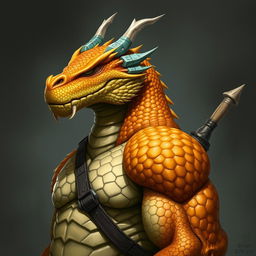 A half-body art portrait of a Dragonborn from D&D, featuring a vibrant yellow-orange colored head with intricate, realistic scales