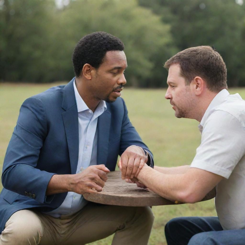 Two men engaged in a heartfelt conversation, where one is making an earnest apology to the other in a peaceful setting.