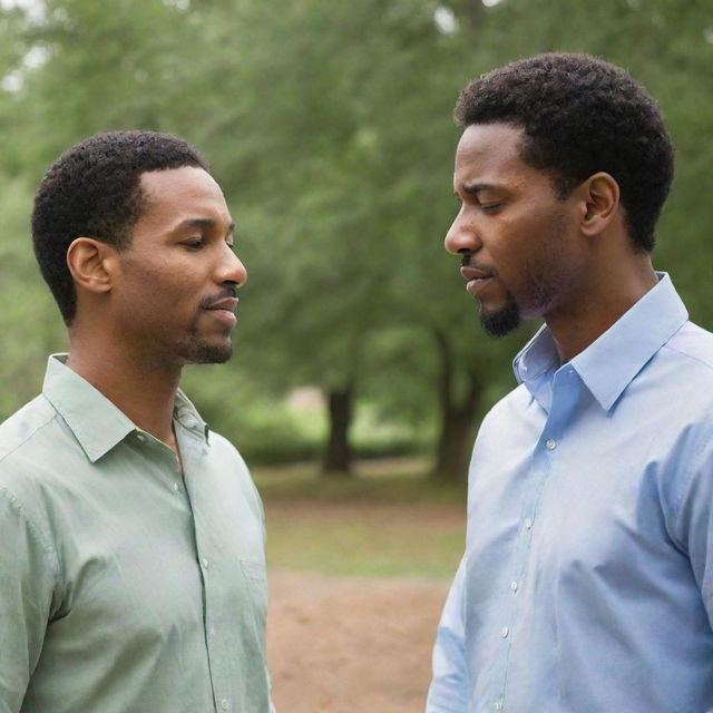 Two men engaged in a heartfelt conversation, where one is making an earnest apology to the other in a peaceful setting.