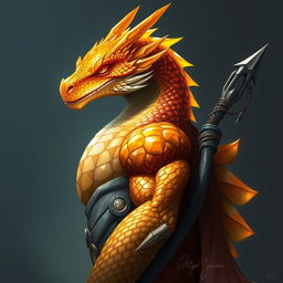 A half-body art portrait of a Gem Dragonborn from D&D, featuring a striking yellow-orange colored head with intricate, gem-like scales that shimmer with a radiant luster