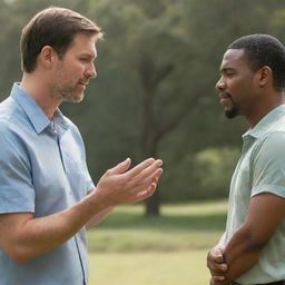 Two men engaged in a heartfelt conversation, where one is making an earnest apology to the other in a peaceful setting.