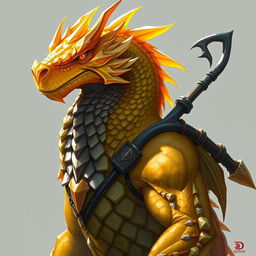 A half-body art portrait of a Gem Dragonborn from D&D, featuring a striking yellow-orange colored head with intricate, gem-like scales that shimmer with a radiant luster