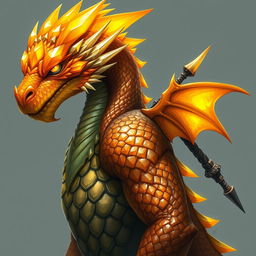 A half-body art portrait of a Gem Dragonborn from D&D, featuring a striking yellow-orange colored head with intricate, gem-like scales that shimmer with a radiant luster