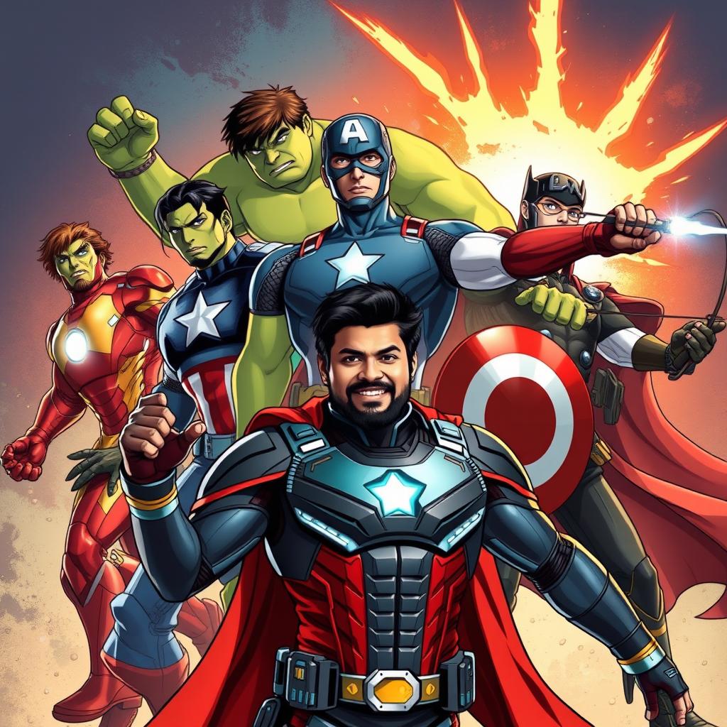 A dynamic illustration of the Avengers team featuring iconic members like Iron Man, Captain America, Thor, Hulk, Black Widow, and Hawkeye