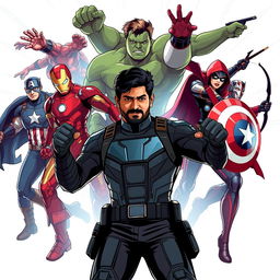 A dynamic illustration of the Avengers team featuring iconic members like Iron Man, Captain America, Thor, Hulk, Black Widow, and Hawkeye