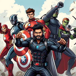 A dynamic illustration of the Avengers team featuring iconic members like Iron Man, Captain America, Thor, Hulk, Black Widow, and Hawkeye