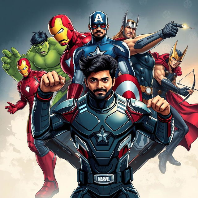 A dynamic illustration of the Avengers team featuring iconic members like Iron Man, Captain America, Thor, Hulk, Black Widow, and Hawkeye