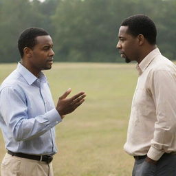 Two men engaged in a heartfelt conversation, where one is making an earnest apology to the other in a peaceful setting.