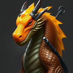 A half-body art portrait of a Gem Dragonborn from D&D, featuring a brilliant yellow-orange colored head adorned with intricate, gem-like scales that glisten under lighting