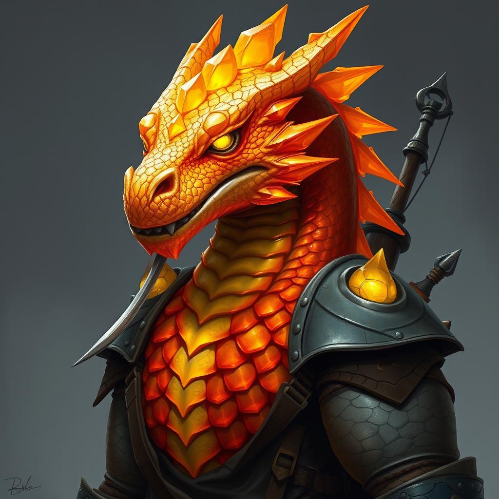 A half-body art portrait of a Gem Dragonborn from D&D, featuring a brilliant yellow-orange colored head adorned with intricate, gem-like scales that glisten under lighting