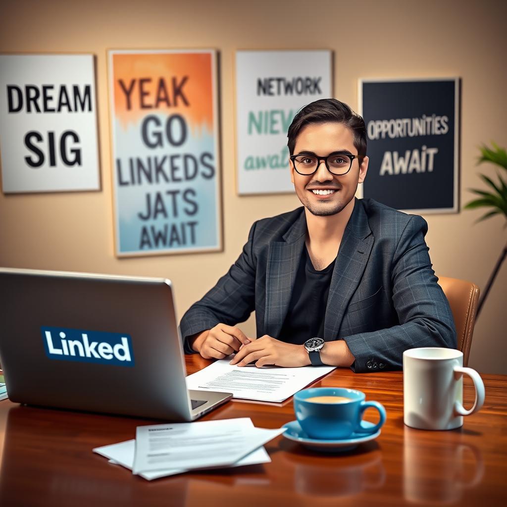 A visually striking image depicting a professional using LinkedIn to secure a job