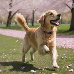 An energetic golden retriever playing fetch in a vibrant, sunlit park full of cherry blossoms.