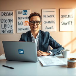 A visually striking image depicting a professional using LinkedIn to secure a job