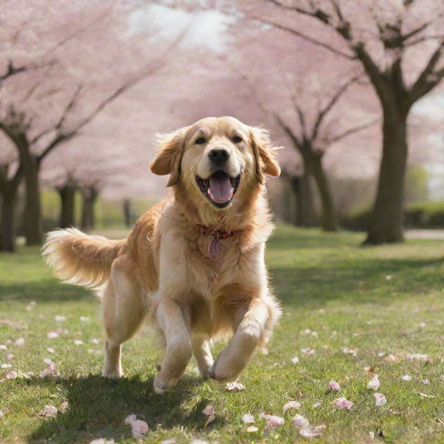 An energetic golden retriever playing fetch in a vibrant, sunlit park full of cherry blossoms.