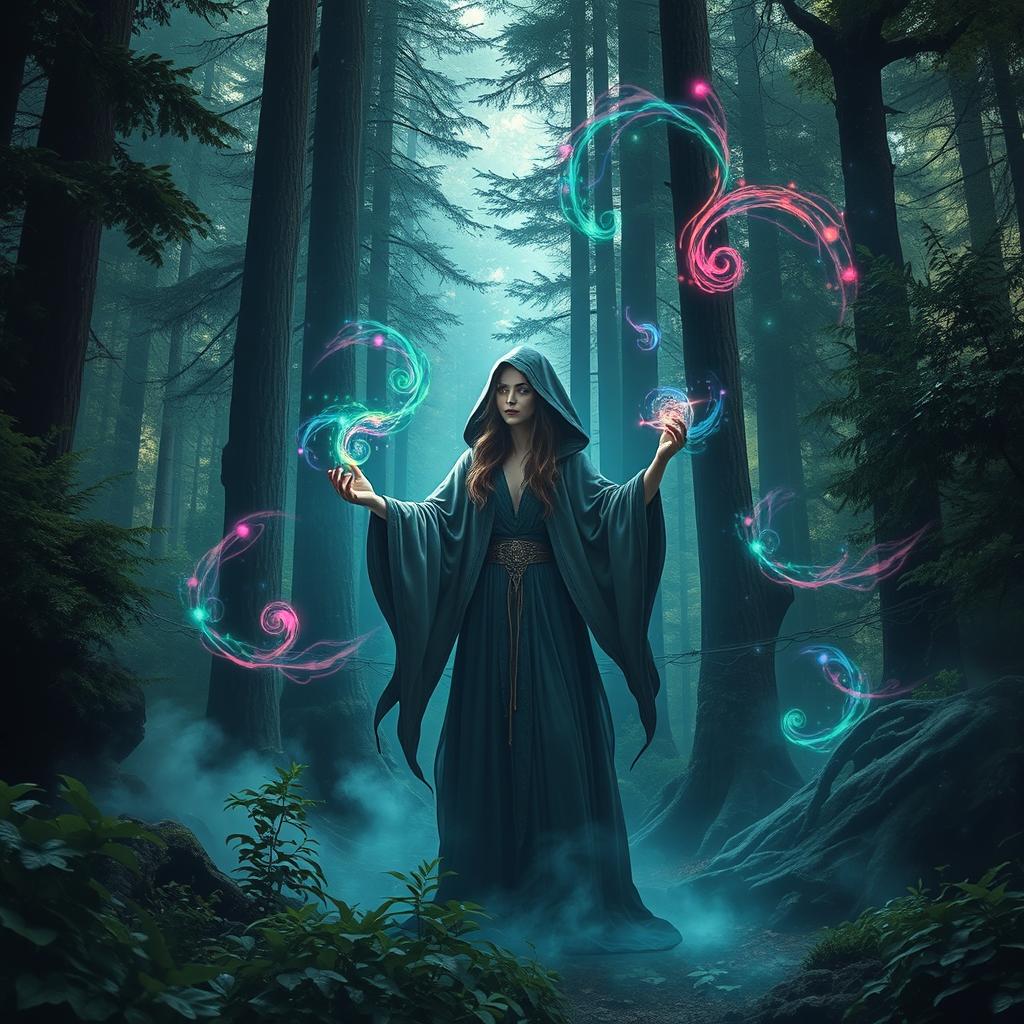 A mystical scene in a dense forest featuring a sorceress with flowing robes casting a magical spell