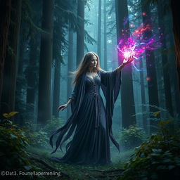 A mystical scene in a dense forest featuring a sorceress with flowing robes casting a magical spell