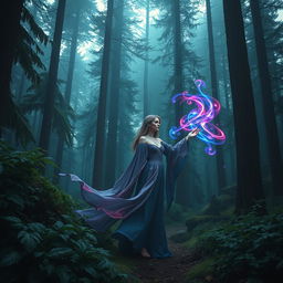 A mystical scene in a dense forest featuring a sorceress with flowing robes casting a magical spell