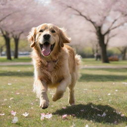 An energetic golden retriever playing fetch in a vibrant, sunlit park full of cherry blossoms.