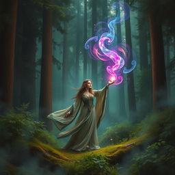 A mystical scene in a dense forest featuring a sorceress with flowing robes casting a magical spell