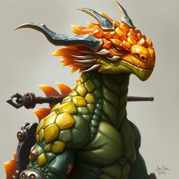 A half-body art portrait of a Gem Dragonborn from D&D, featuring a radiant yellow-orange colored head adorned with lustrous, gem-like scales