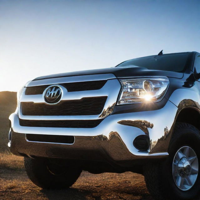 A glossy chrome cover backlight of a Hilux truck