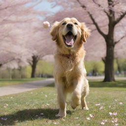 An energetic golden retriever playing fetch in a vibrant, sunlit park full of cherry blossoms.