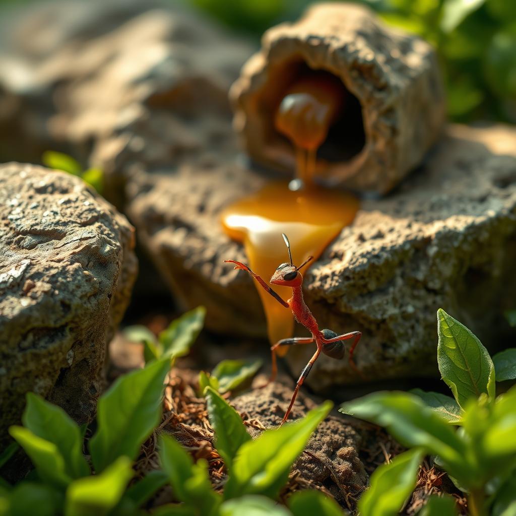 A detailed scene of an ant standing by a stone, pointing energetically towards a beehive perched on another stone in the background