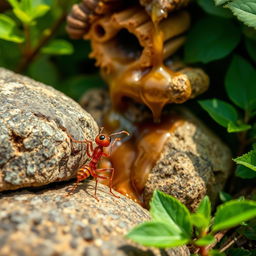 A detailed scene of an ant standing by a stone, pointing energetically towards a beehive perched on another stone in the background