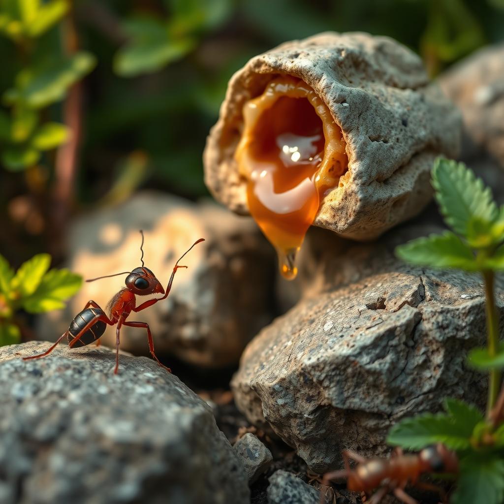 A detailed scene of an ant standing by a stone, pointing energetically towards a beehive perched on another stone in the background