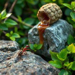 A detailed scene of an ant standing by a stone, pointing energetically towards a beehive perched on another stone in the background