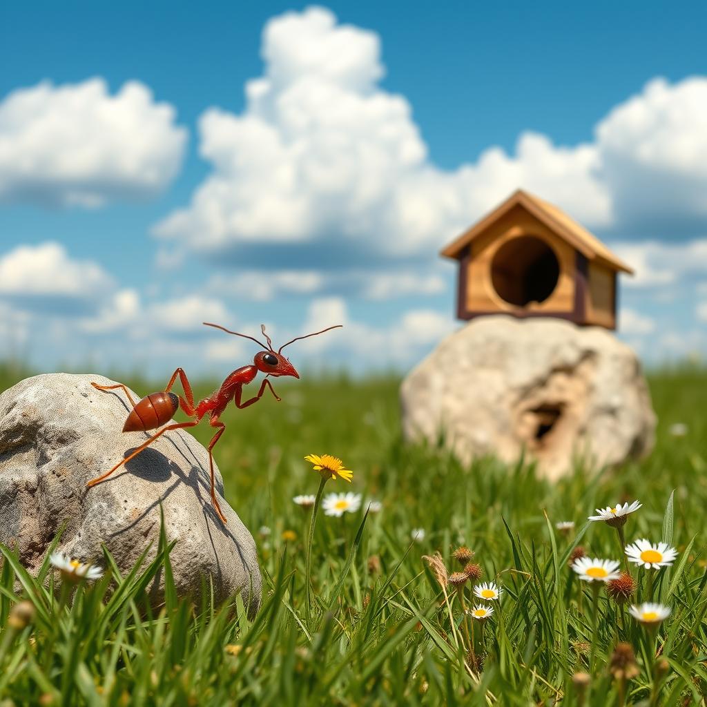 An ant standing beside a stone, dramatically pointing towards a beehive in the distance