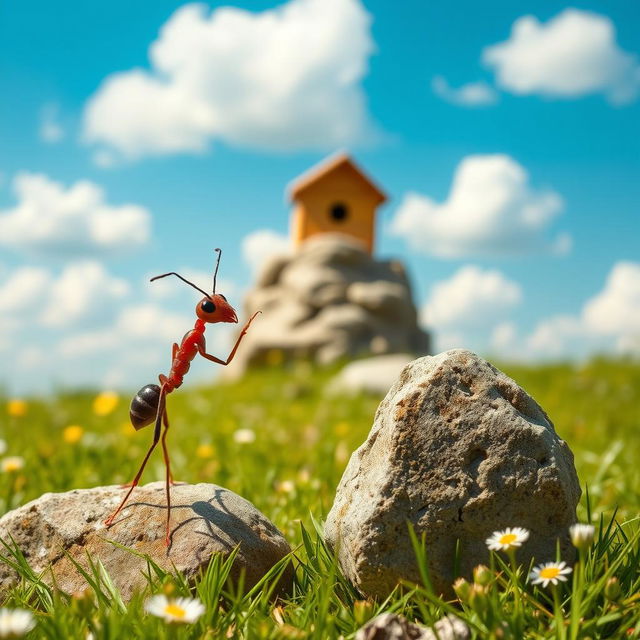 An ant standing beside a stone, dramatically pointing towards a beehive in the distance