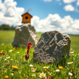 An ant standing beside a stone, dramatically pointing towards a beehive in the distance