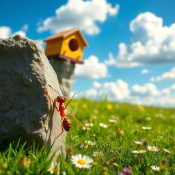 An ant standing beside a stone, dramatically pointing towards a beehive in the distance