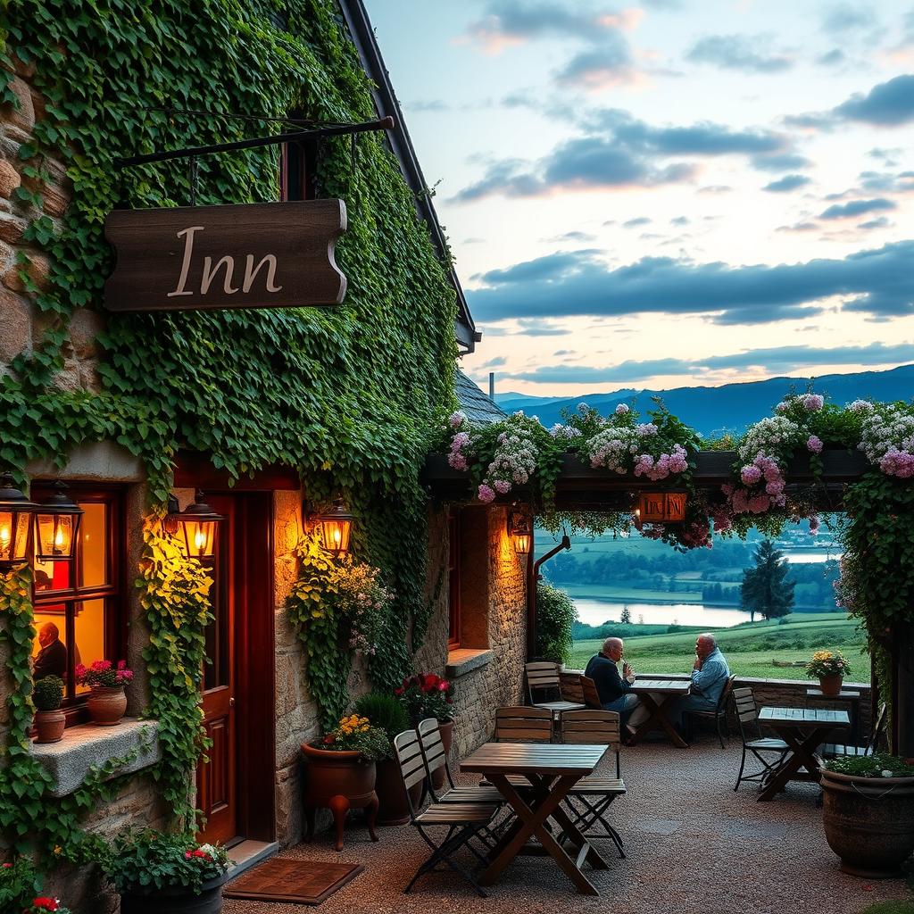 A quaint and rustic inn set in a tranquil countryside