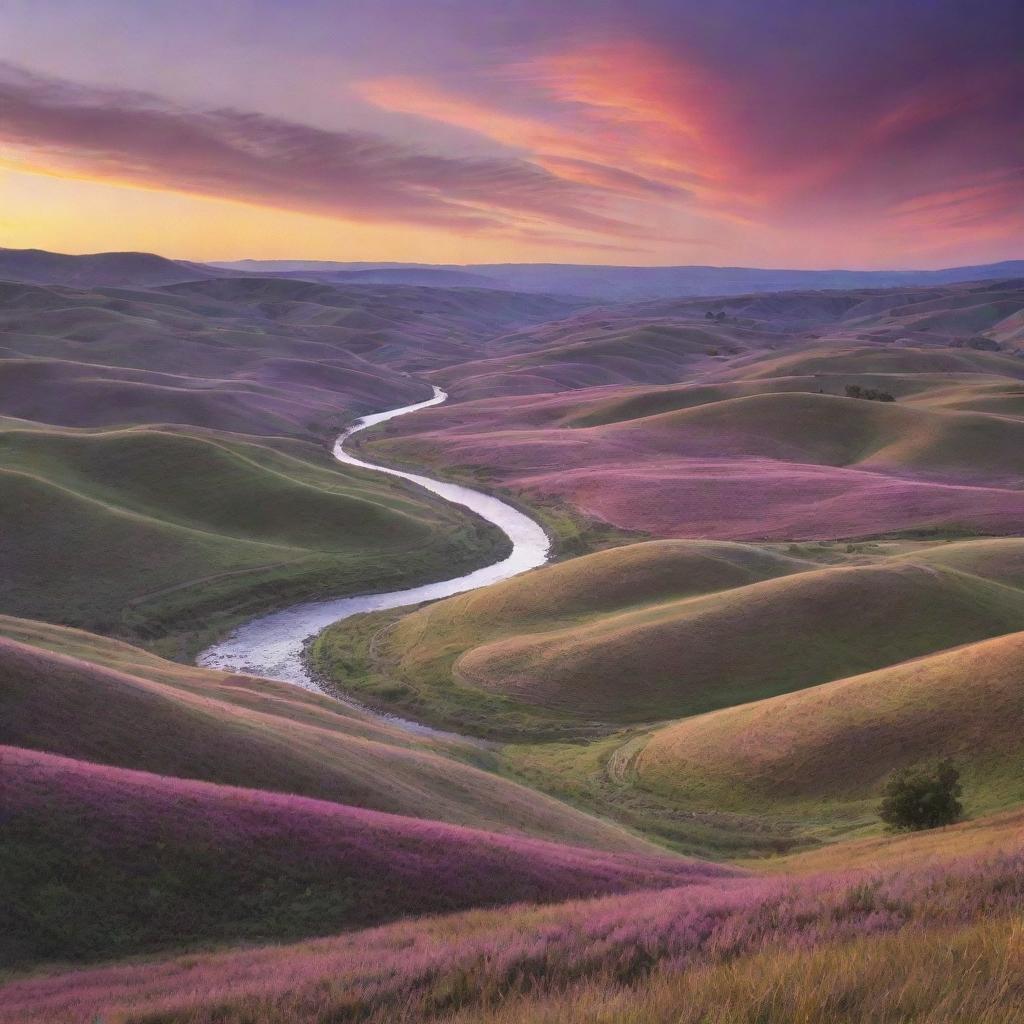 A serene landscape at sunset with rolling hills, a river winding through the valley, and a canvas of orange, pink, and purple hues in the sky creating an epic display of nature's beauty.