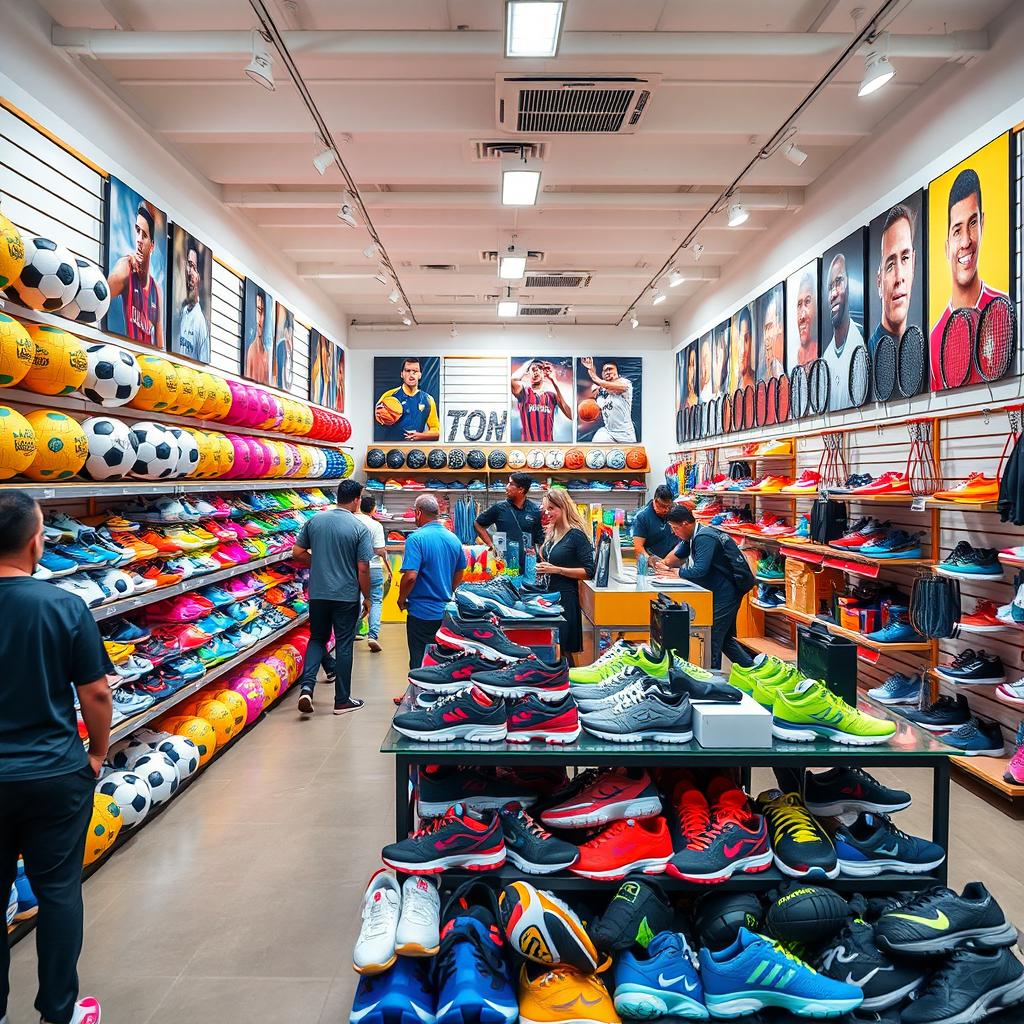 A vibrant sports equipment store with colorful displays of various equipment