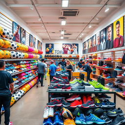 A vibrant sports equipment store with colorful displays of various equipment