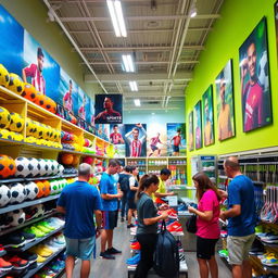 A vibrant sports equipment store with colorful displays of various equipment