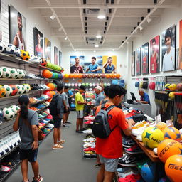 A vibrant sports equipment store with colorful displays of various equipment