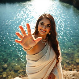 A heavenly beautiful Arabian woman with a goddess-like presence and sweet, cute features is standing in front of a shimmering crystal lake