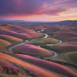 A serene landscape at sunset with rolling hills, a river winding through the valley, and a canvas of orange, pink, and purple hues in the sky creating an epic display of nature's beauty.