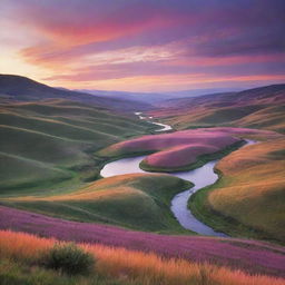 A serene landscape at sunset with rolling hills, a river winding through the valley, and a canvas of orange, pink, and purple hues in the sky creating an epic display of nature's beauty.