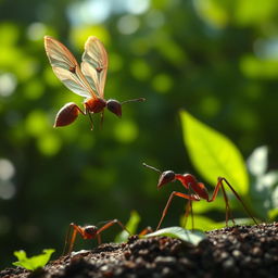 A veiled ant is flying in the air, displaying an expression of concern on its face as it tries to warn another ant